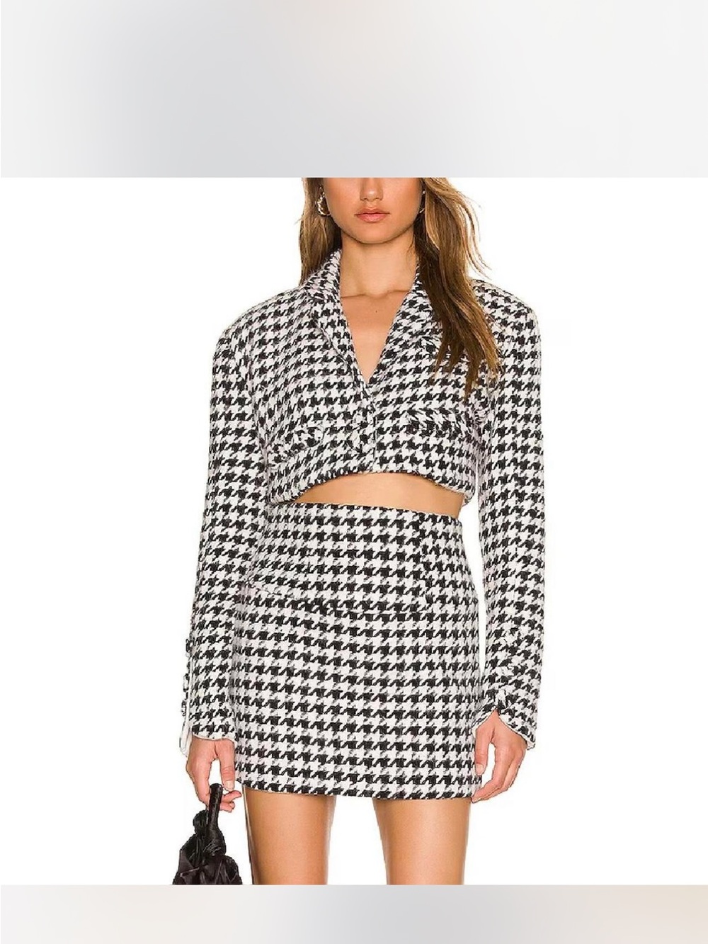 Tailored Cropped Houndstooth Blazer and skirt- Black & White - Picture 4 of 5